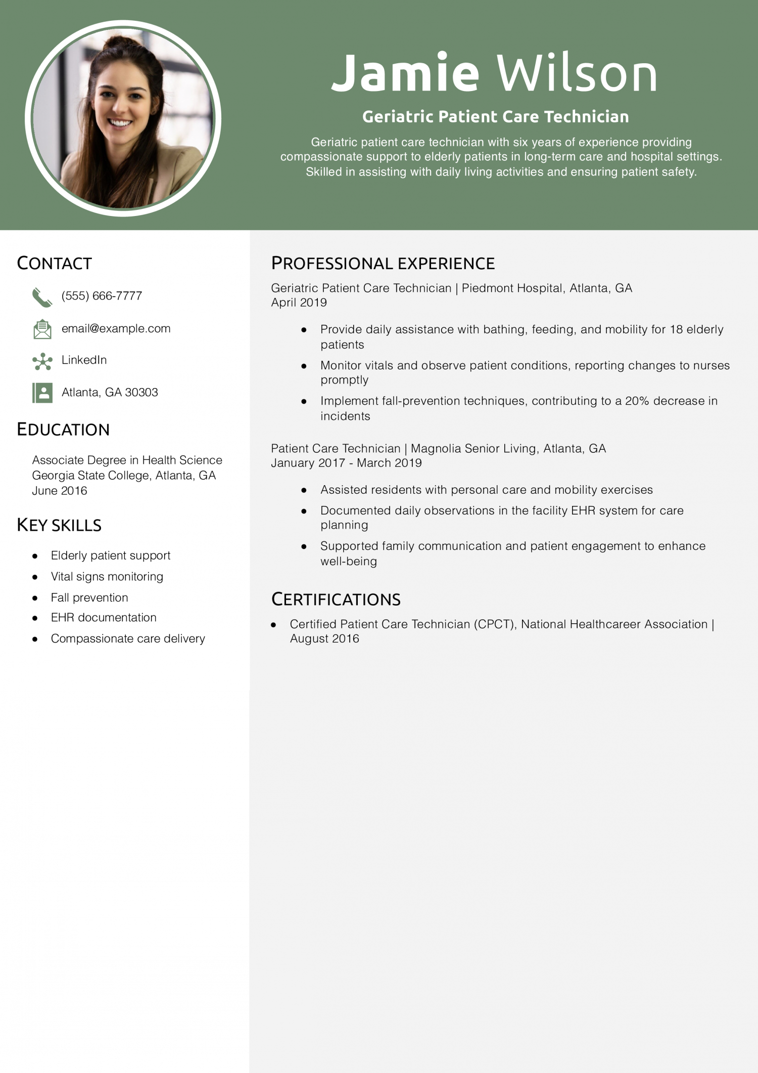 Geriatric Patient Care Technician Resume Example