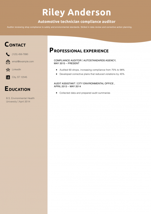 Automotive technician compliance auditor resume example
