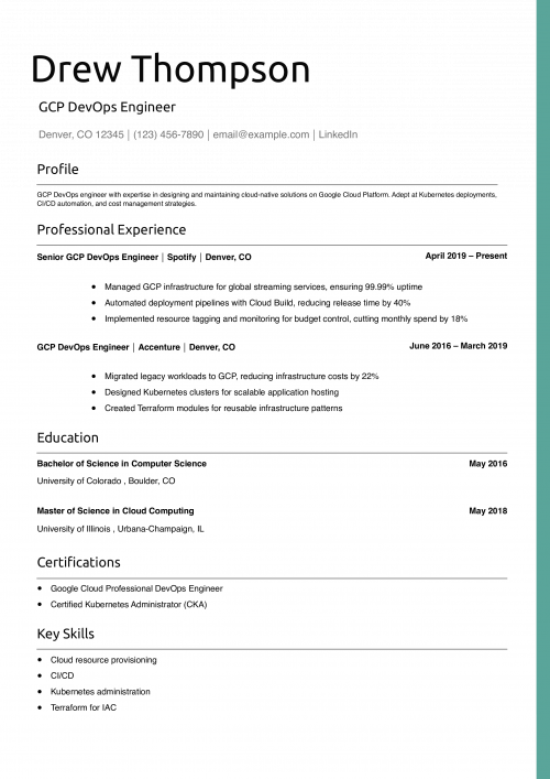 GCP DevOps Engineer Resume Example