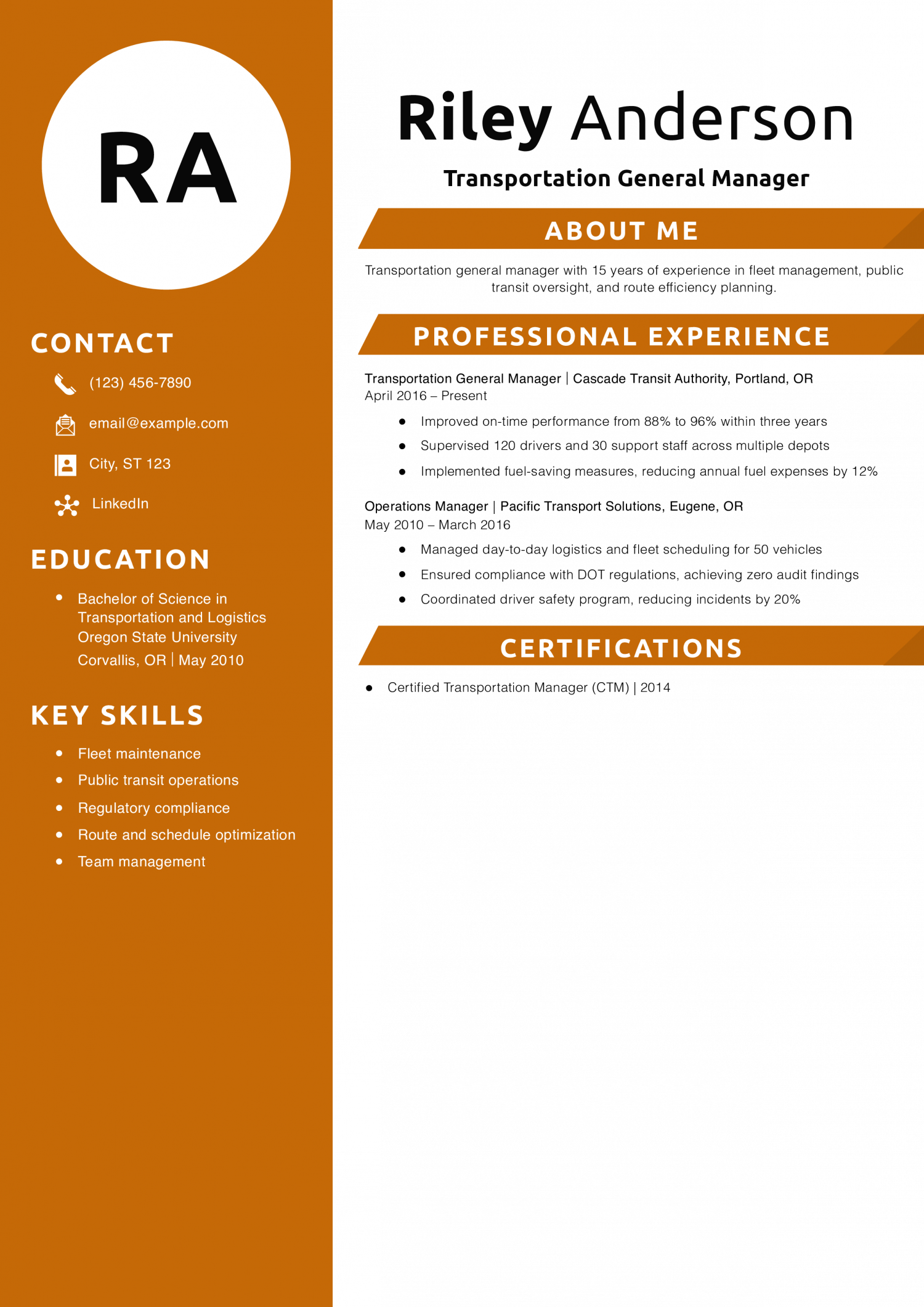 Transportation General Manager Resume Example
