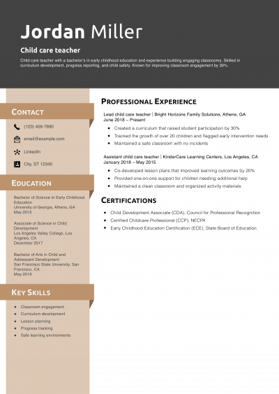 Child care teacher resume