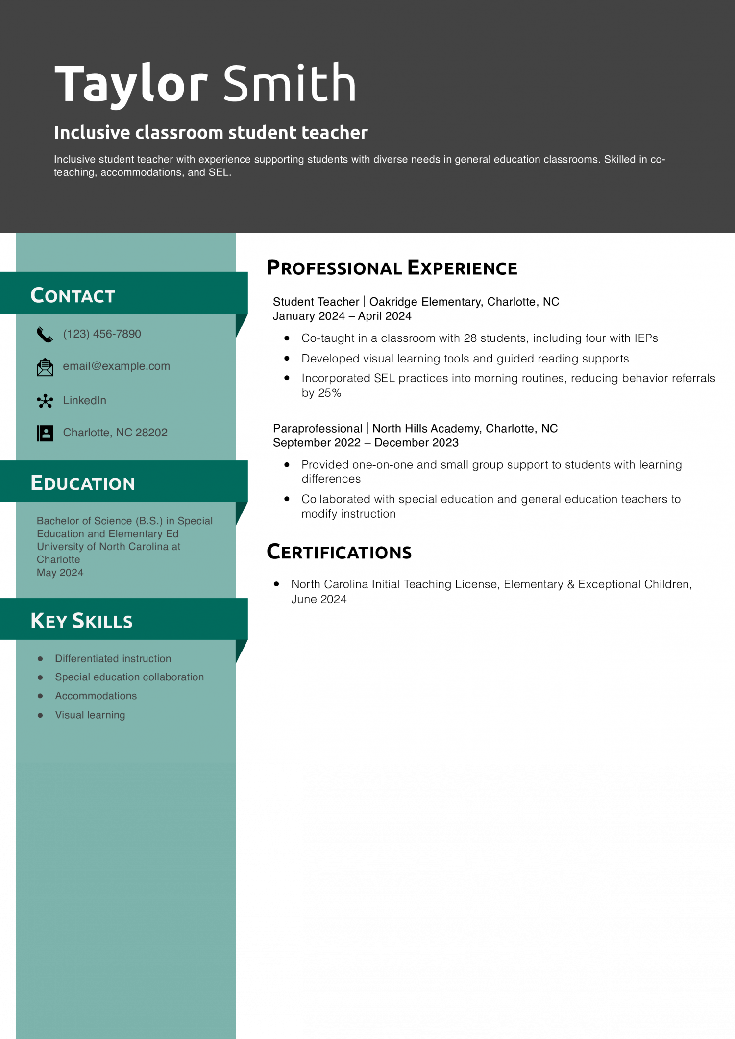 Inclusive classroom student teacher resume
