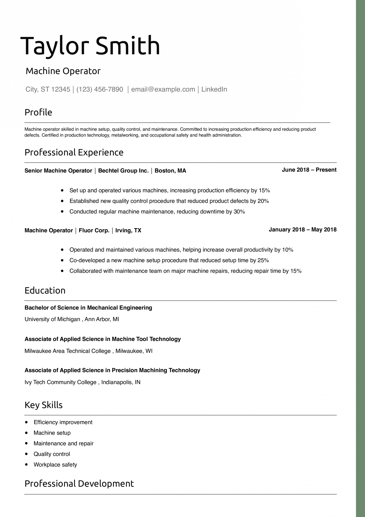 Machine Operator Resume Example