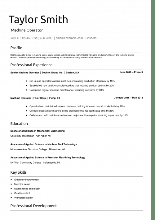 Machine Operator Resume Example 