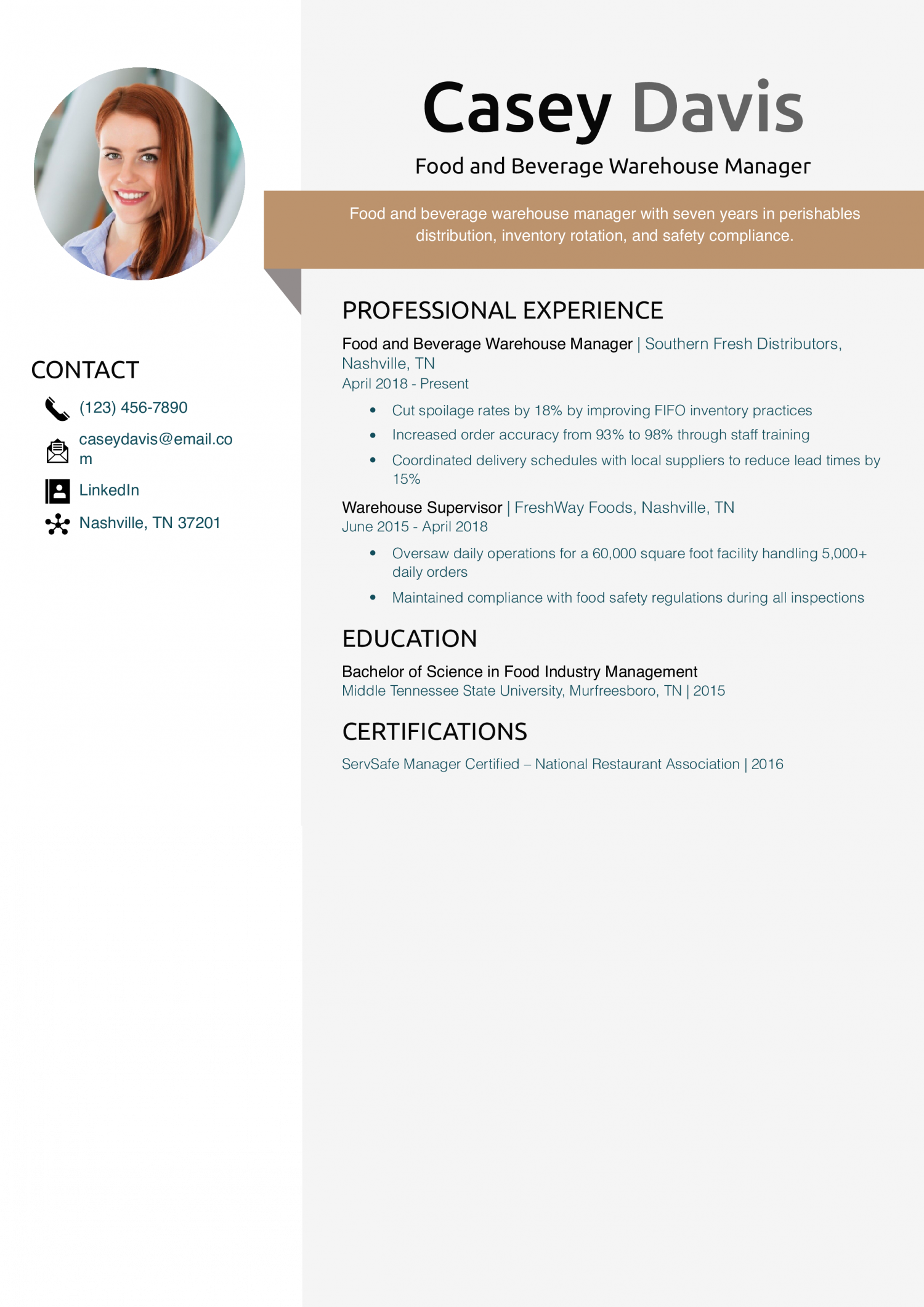 Food and Beverage Warehouse Manager Resume Example