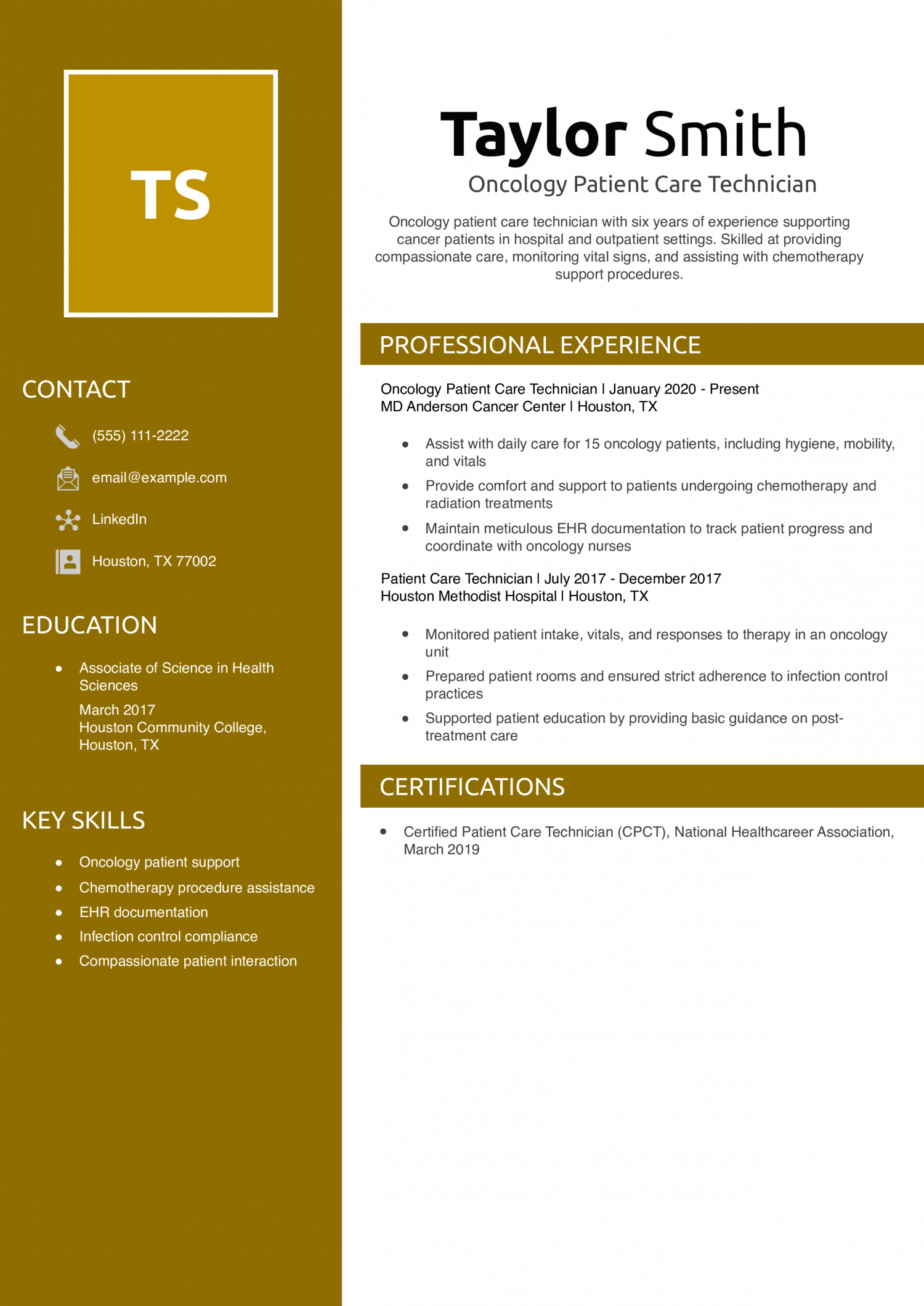 Oncology Patient Care Technician Resume Example