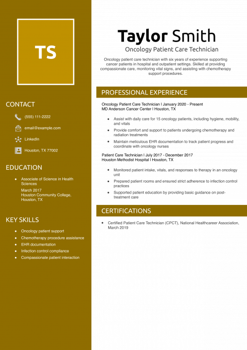 Oncology Patient Care Technician Resume Example