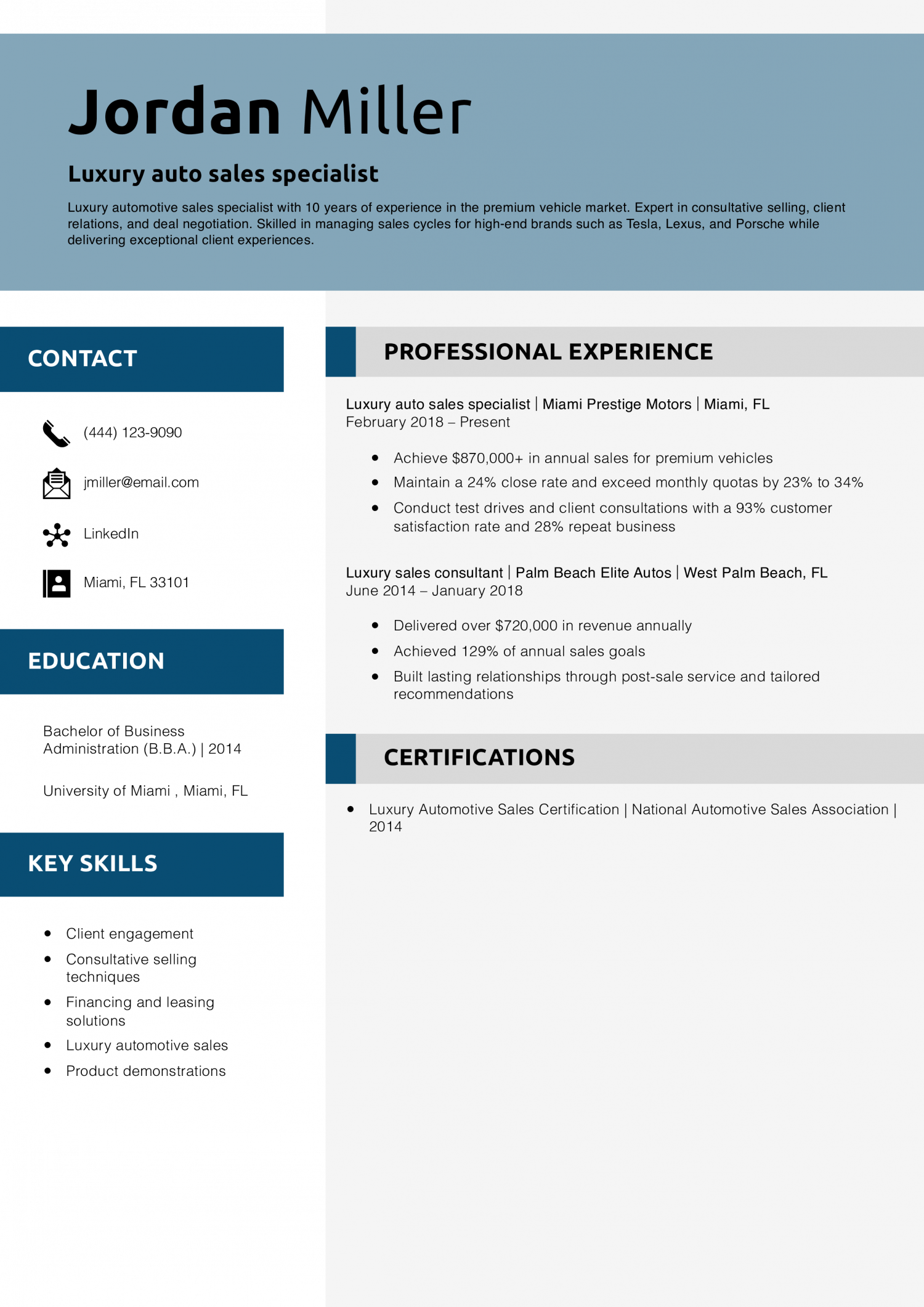 Luxury auto sales specialist resume example