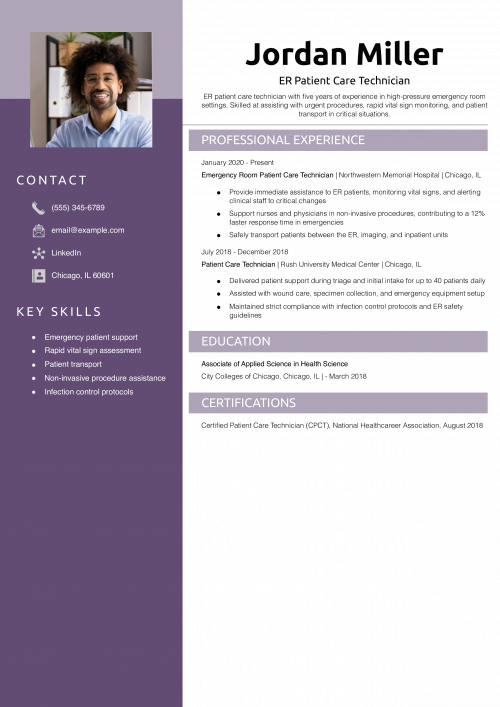 ER Patient Care Technician Resume Example
