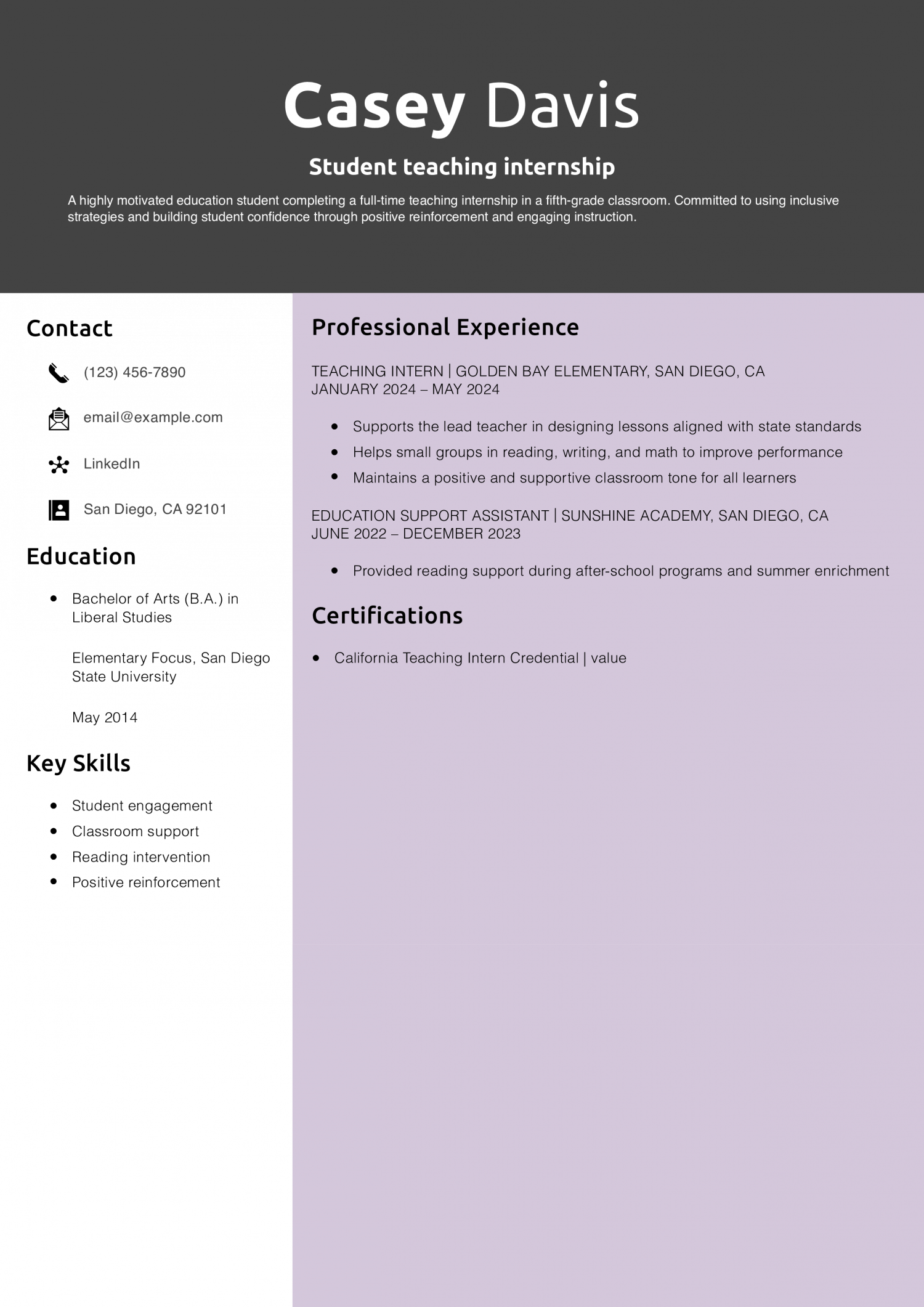 Student teaching internship resume