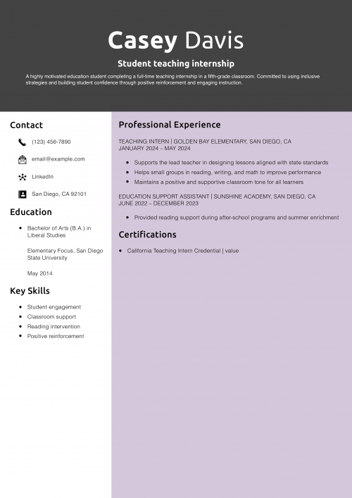 Student teaching internship resume