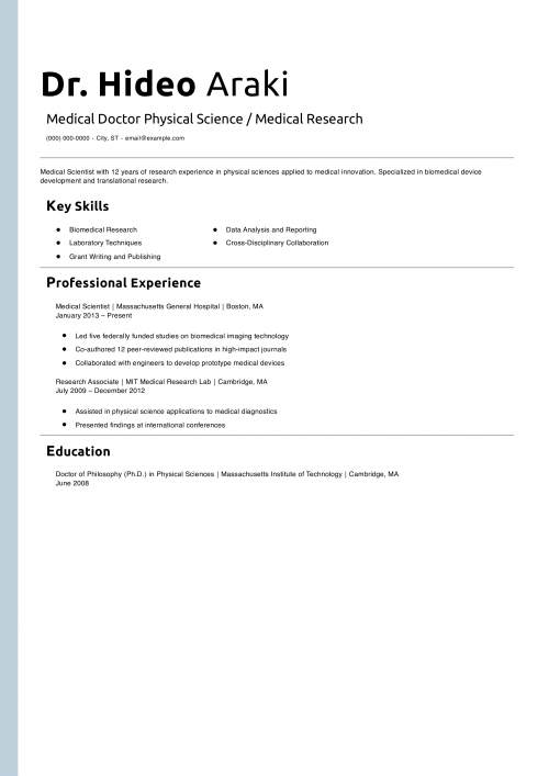Medical Doctor Physical Science / Medical Research Resume