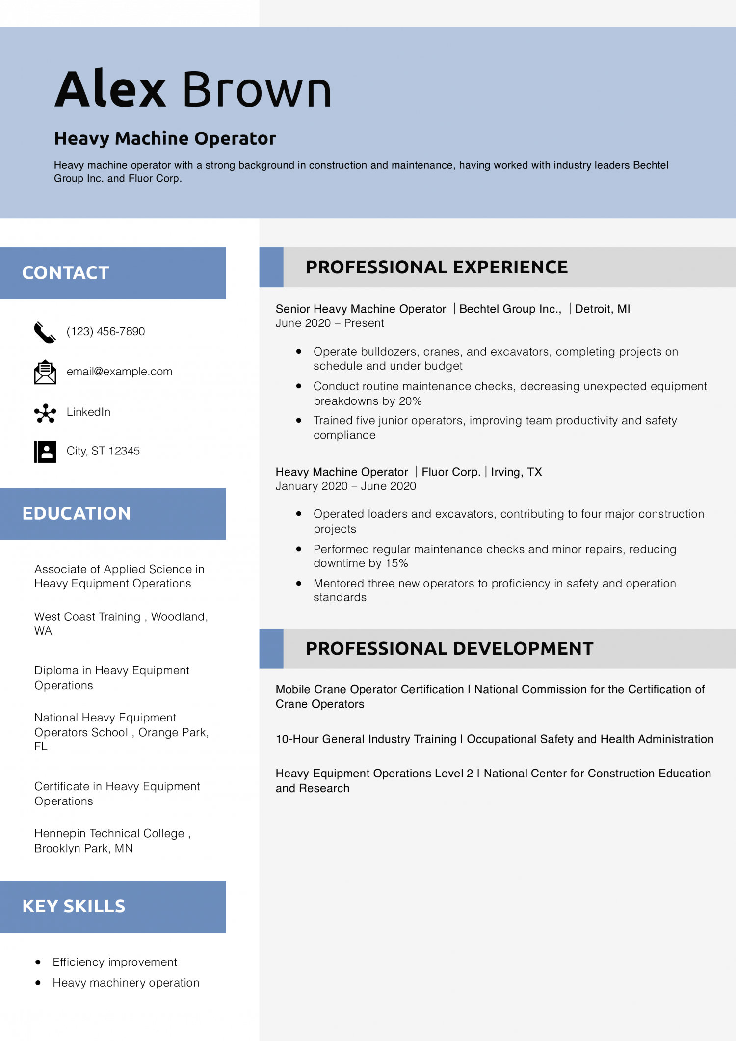 Heavy Machine Operator Resume Example