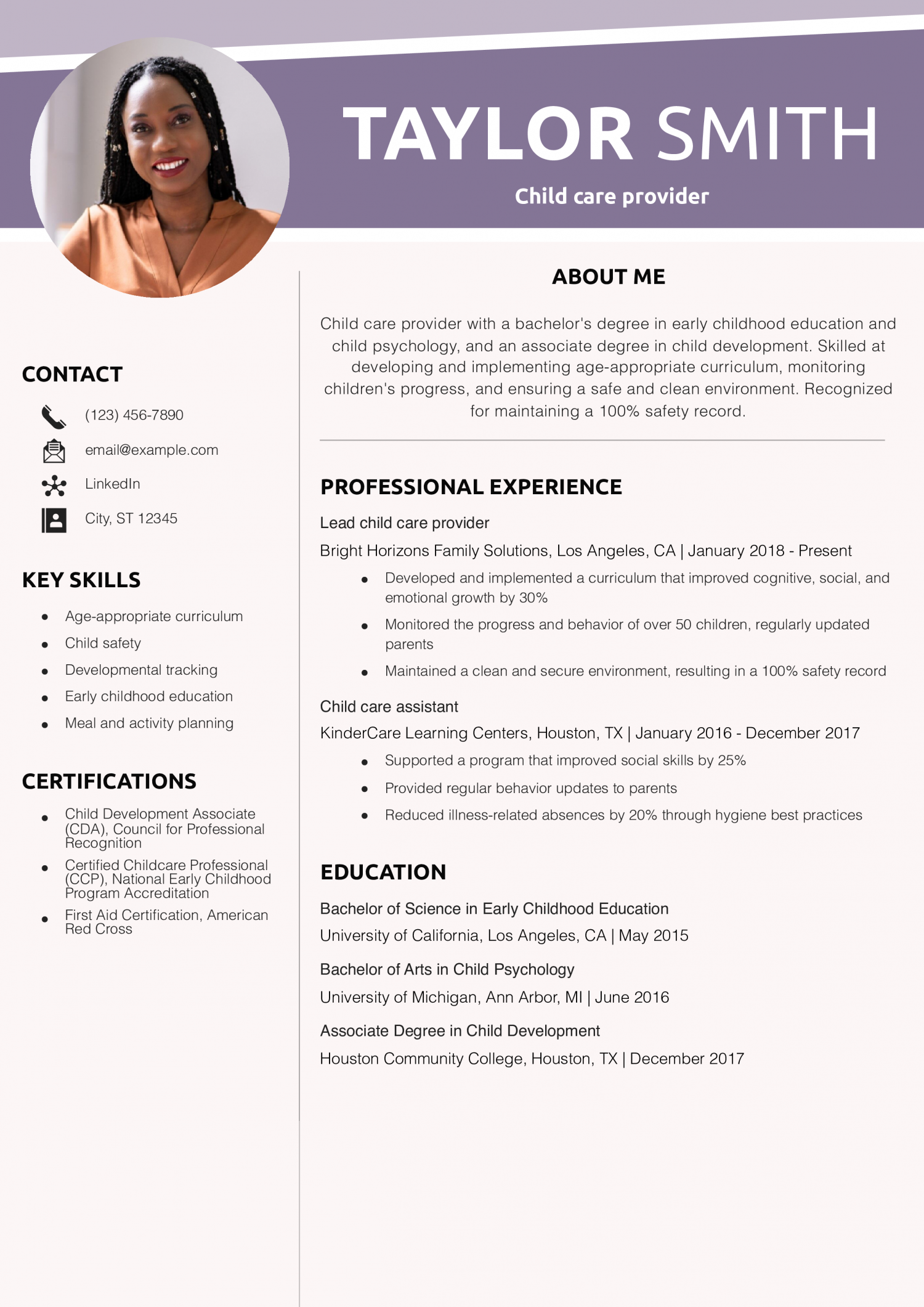 Child care provider resume