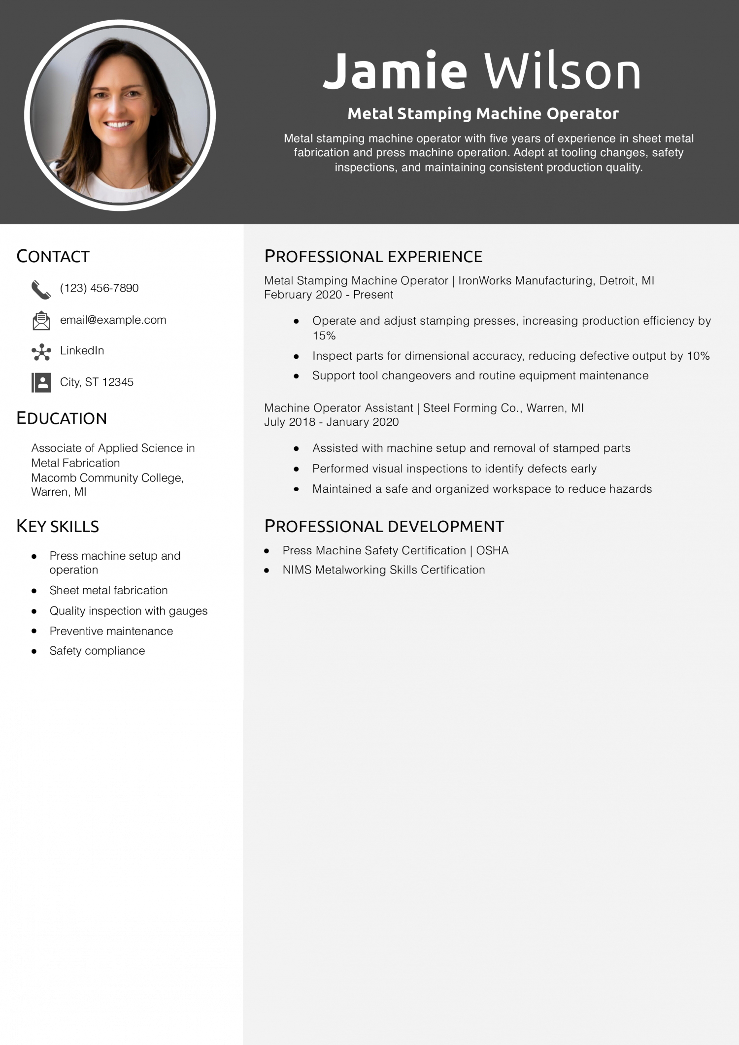 Metal Stamping Machine Operator Resume Example