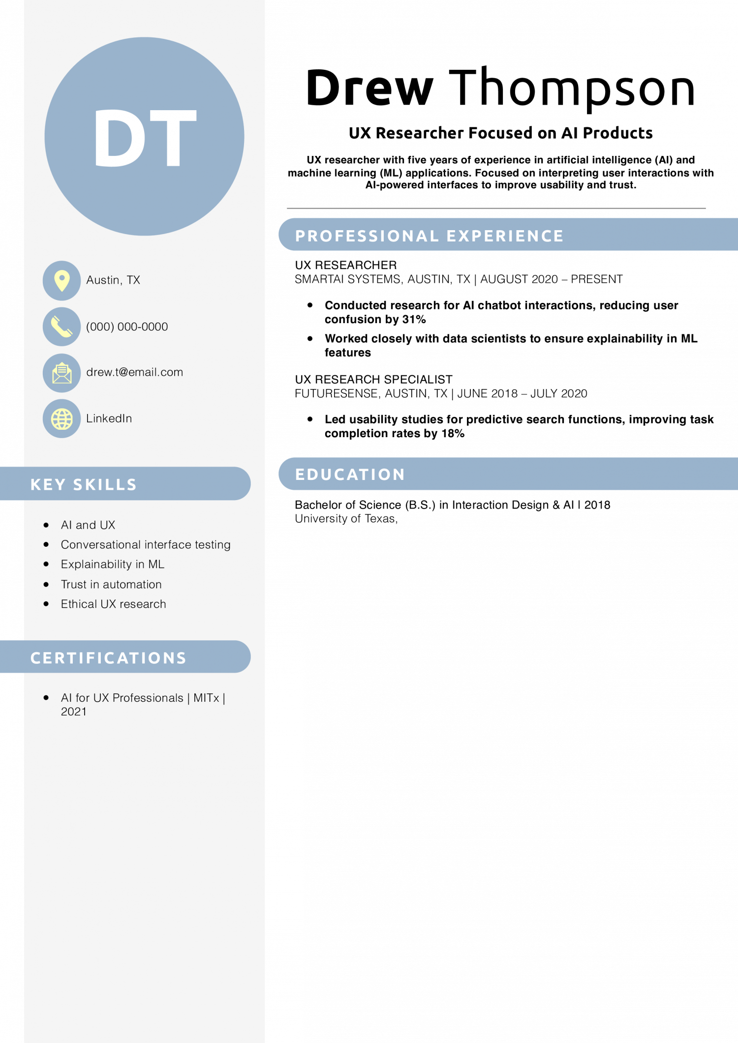 UX Researcher Focused on AI Products Resume Example