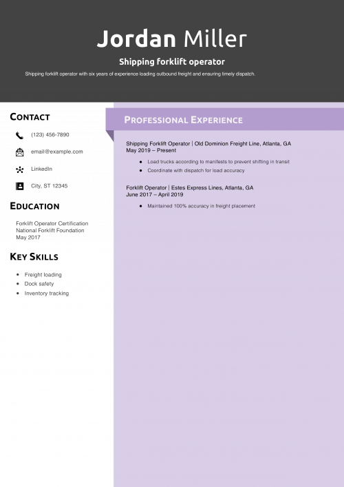 Shipping forklift operator resume example