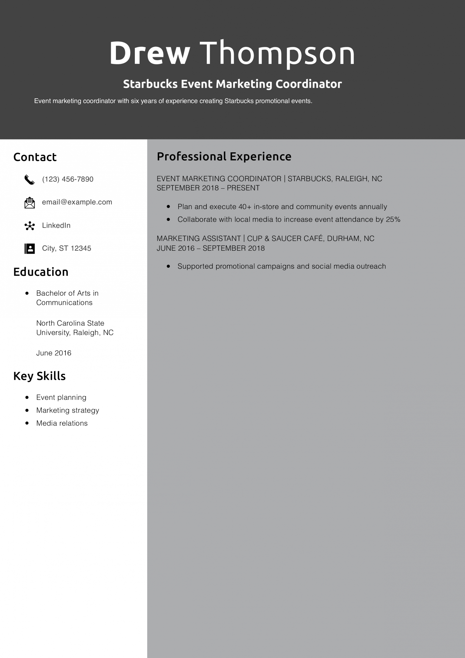 Starbucks Event Marketing Coordinator Resume Example