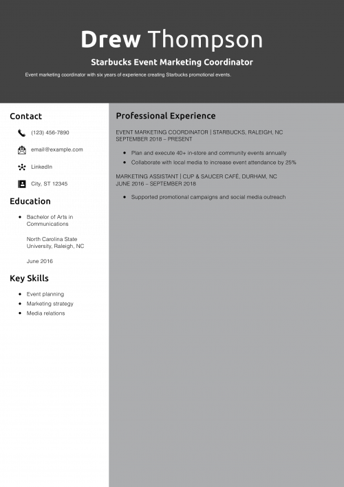 Starbucks Event Marketing Coordinator Resume Example