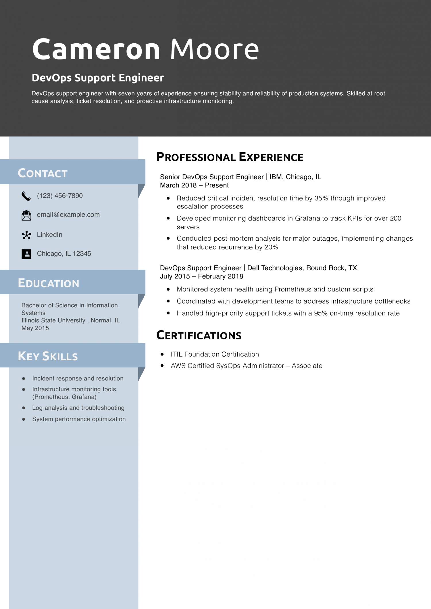 DevOps Support Engineer Resume Example