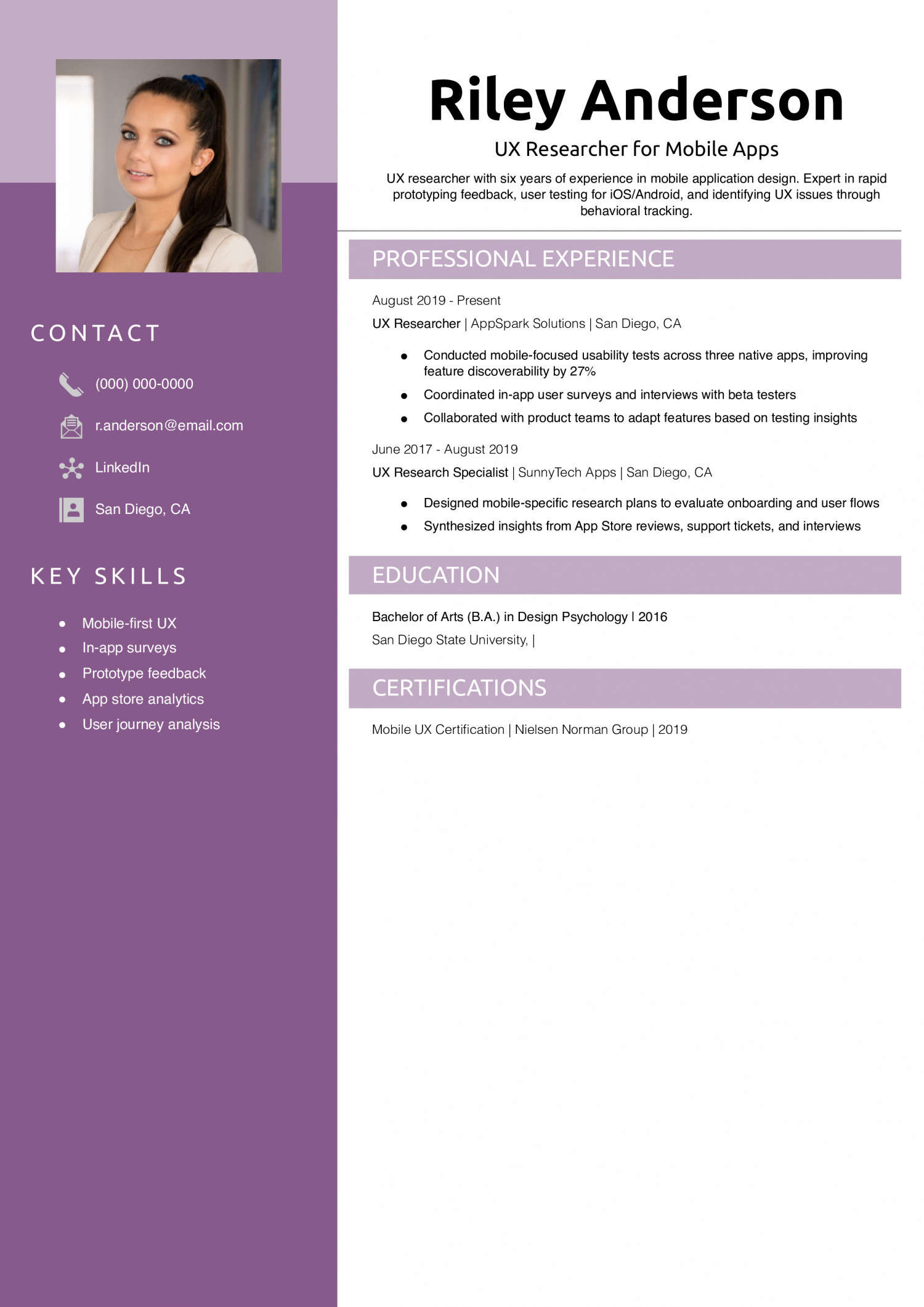 UX Researcher for Mobile Apps Resume Example
