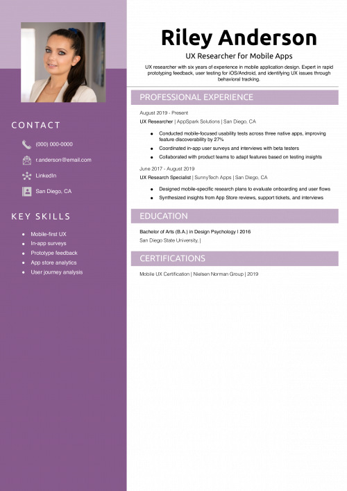 UX Researcher for Mobile Apps Resume Example