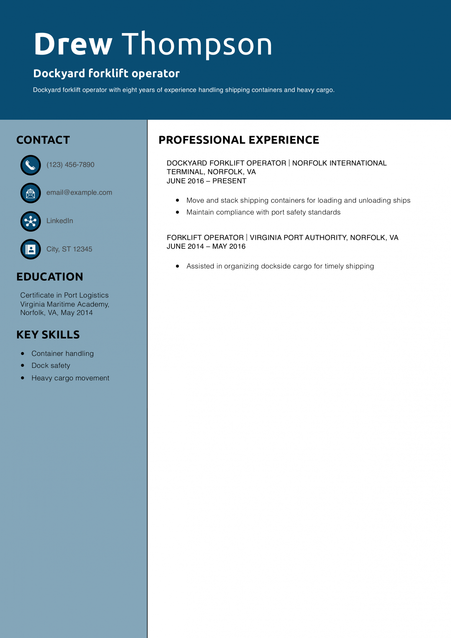 Dockyard forklift operator resume example
