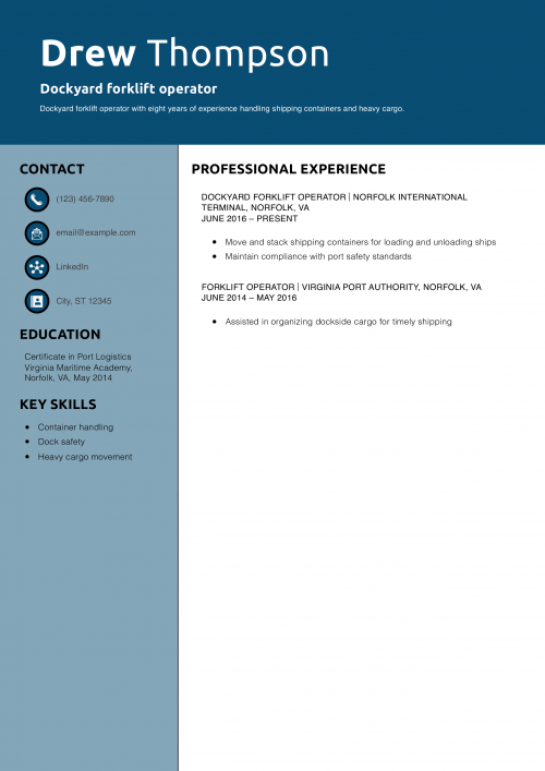Dockyard forklift operator resume example