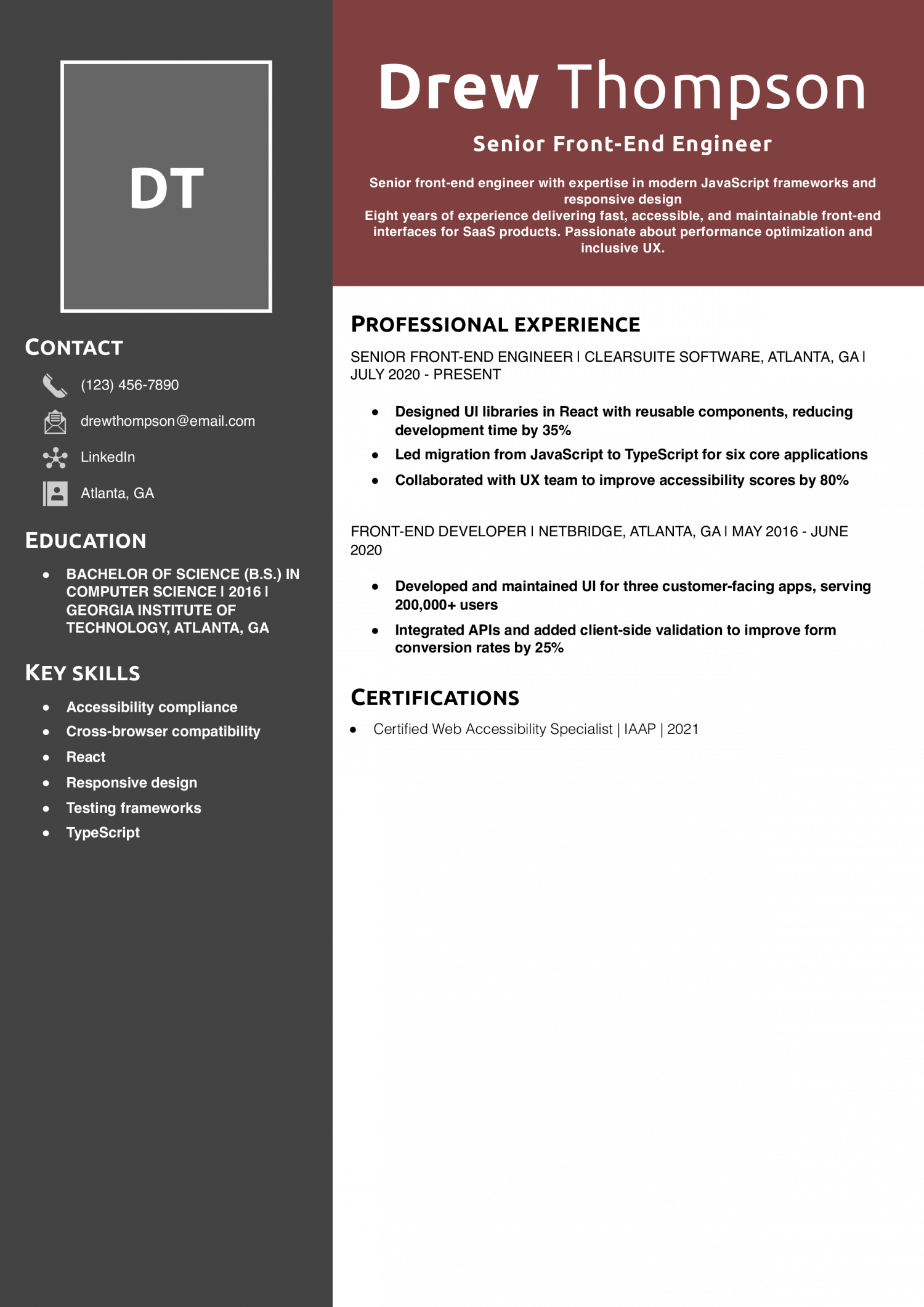 Senior Front-End Engineer Resume Example