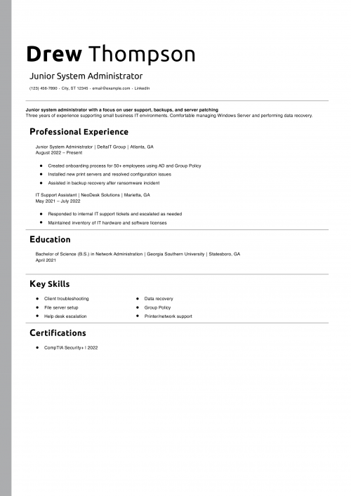 Junior System Administrator Resume Example