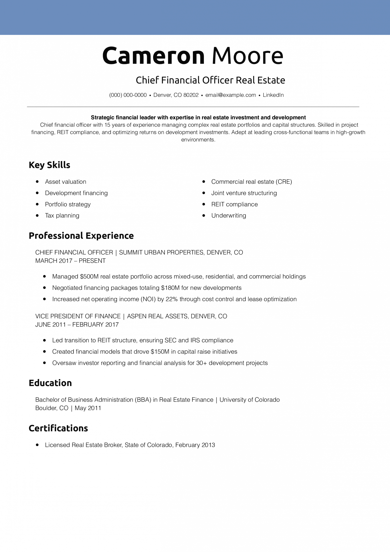 Chief Financial Officer Real Estate Resume