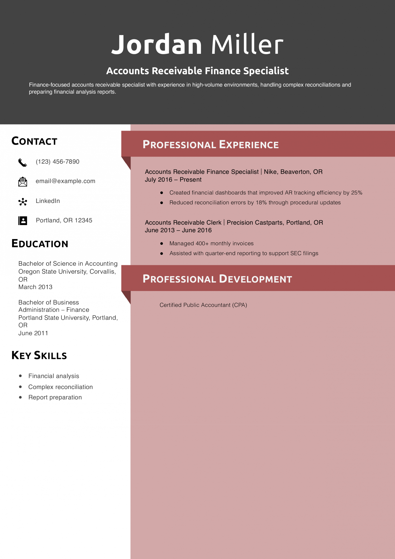 Accounts Receivable Finance Specialist Resume Example