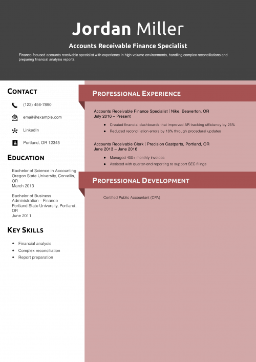 Accounts Receivable Finance Specialist Resume Example