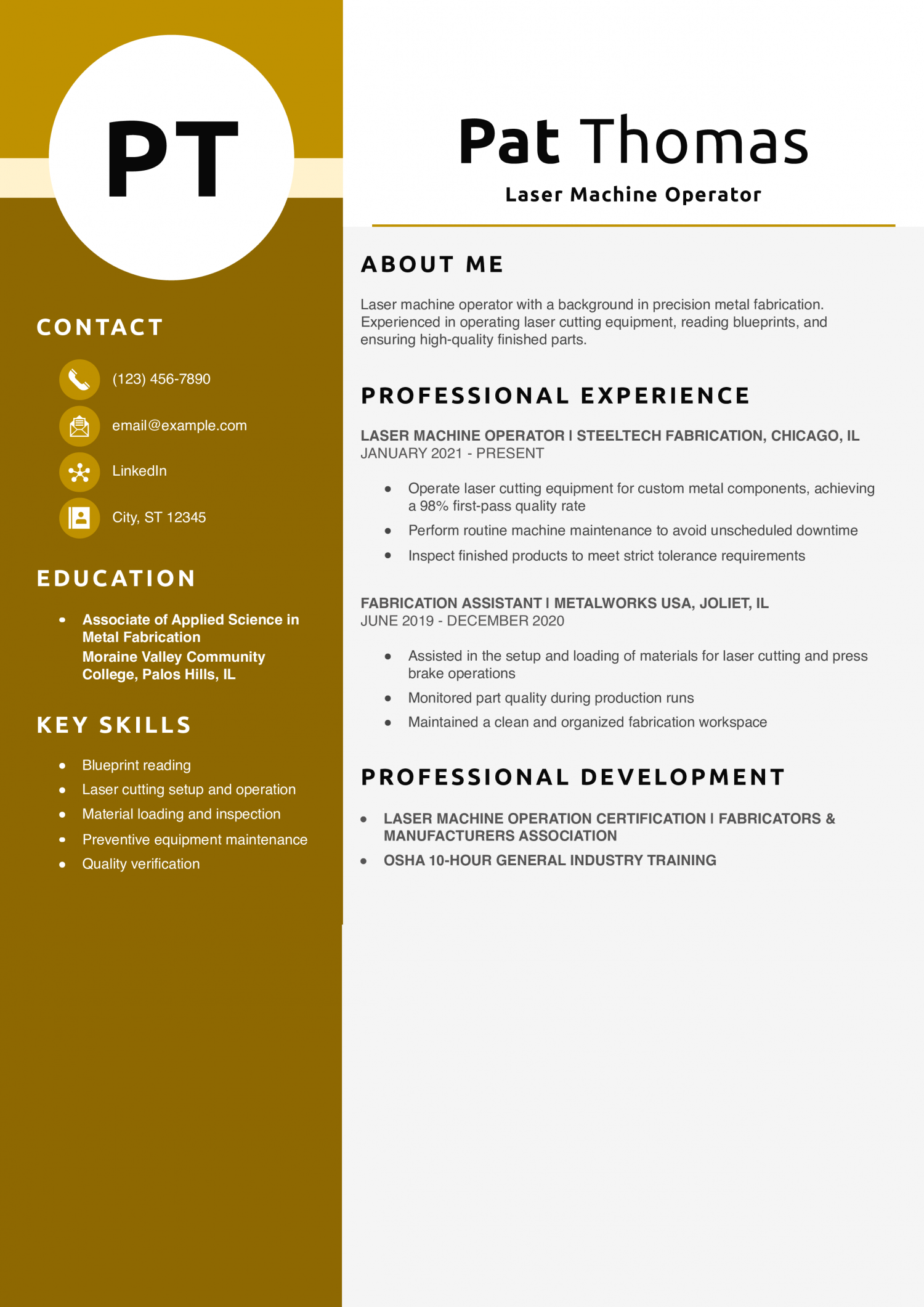 Laser Machine Operator Resume Example