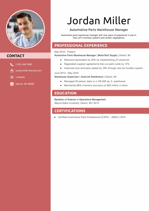 Automotive Parts Warehouse Manager Resume Example