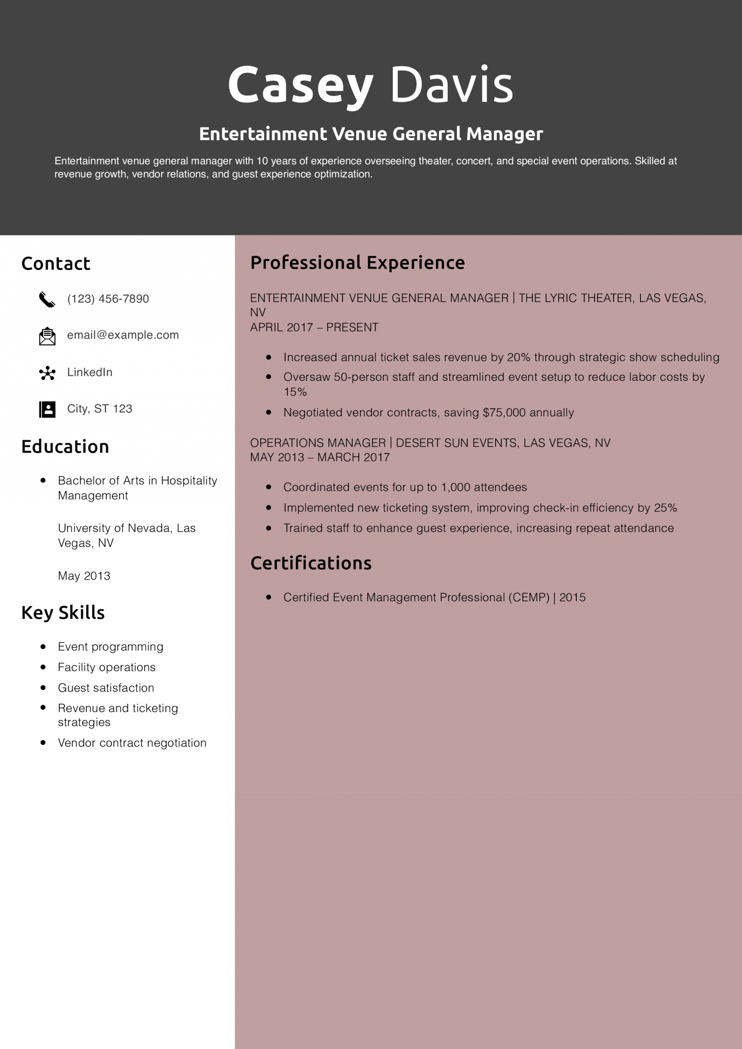 Entertainment Venue General Manager Resume Example