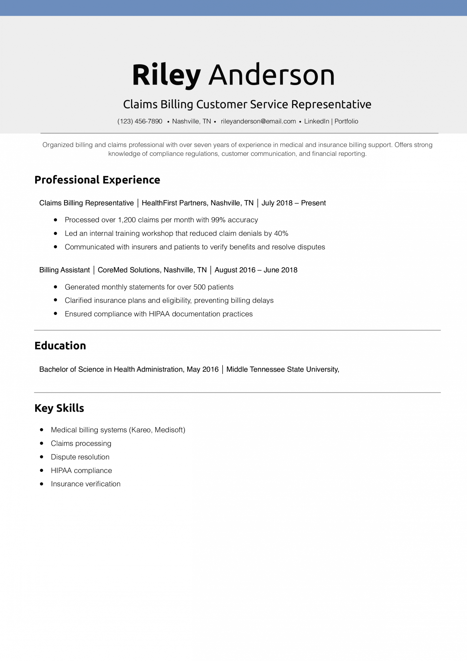 Claims Billing Customer Service Representative Resume