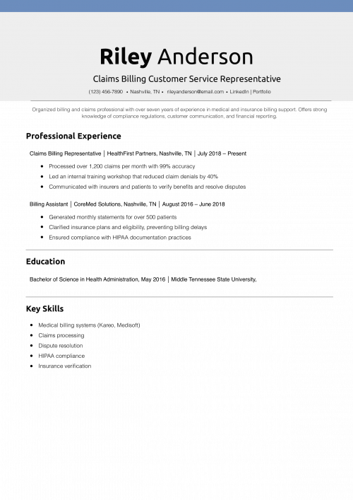 Claims Billing Customer Service Representative Resume