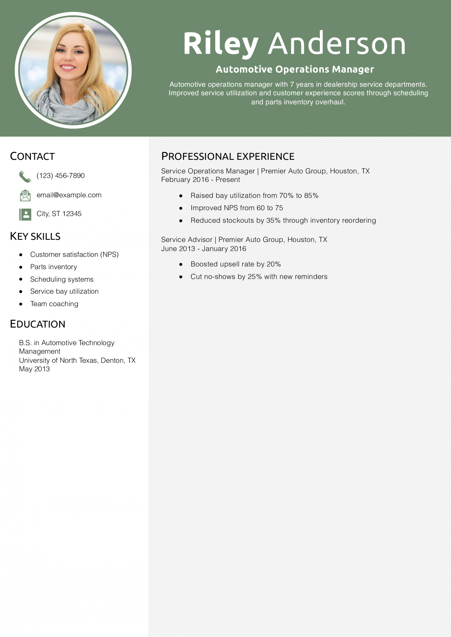 Automotive Operations Manager Resume 
