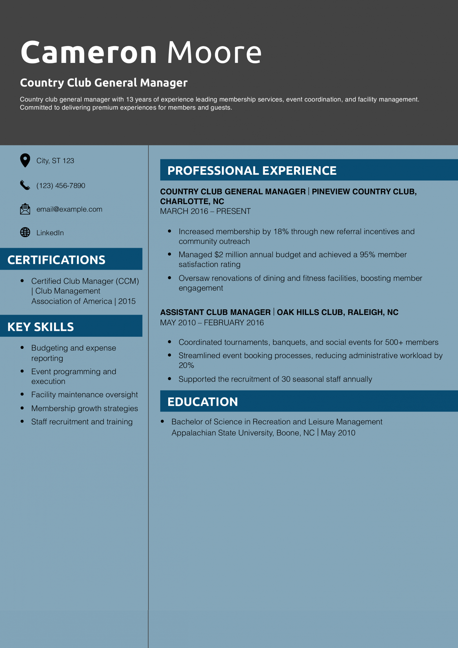 Country Club General Manager Resume Example