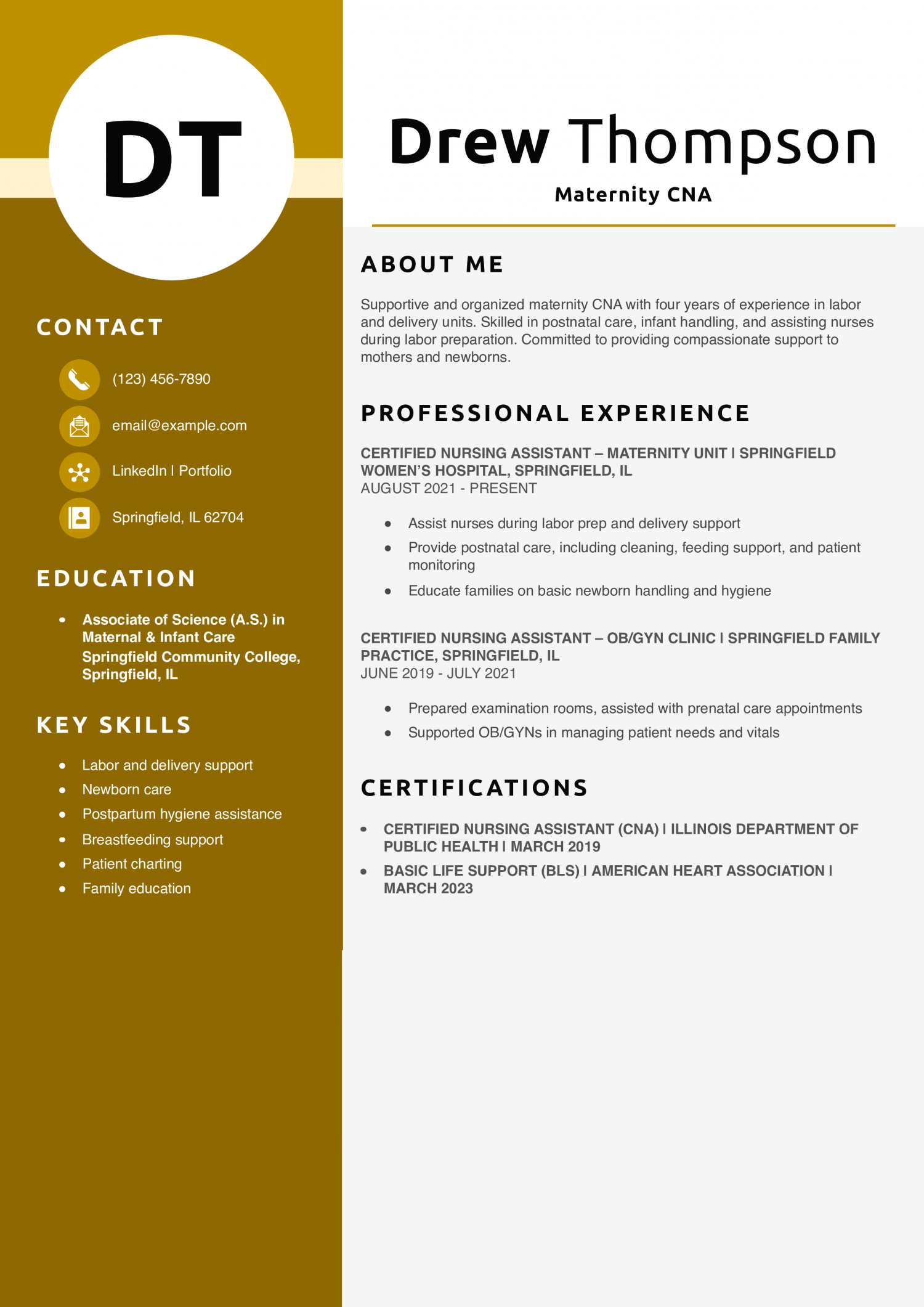 Maternity CNA Resume Example