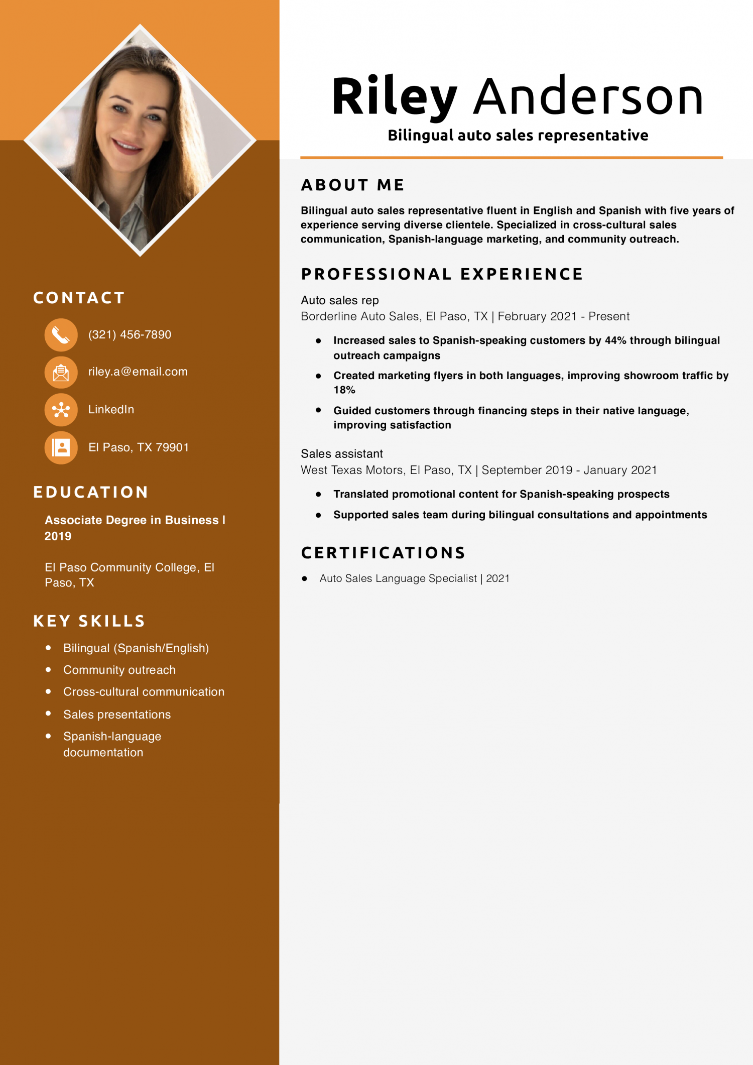 Bilingual auto sales representative resume example
