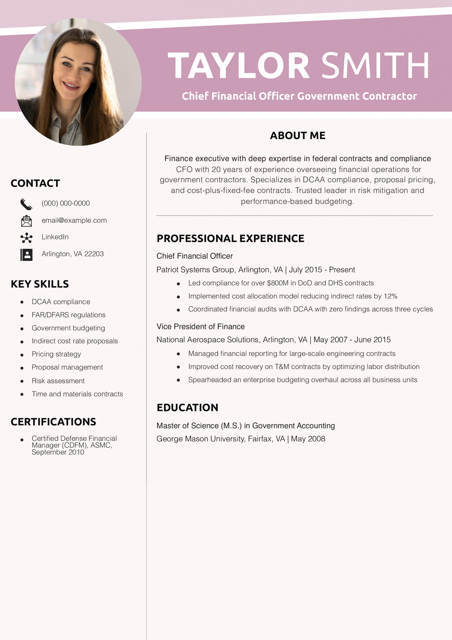 Chief Financial Officer Government Contractor Resume