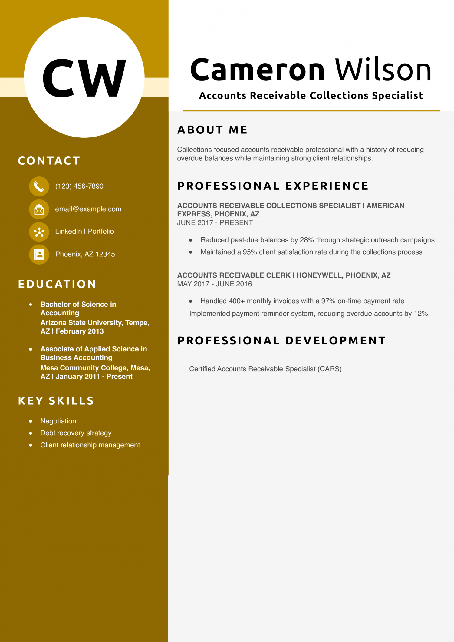 Accounts Receivable Collections Specialist Resume Example