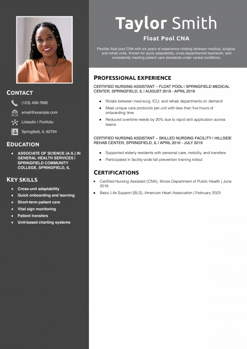 Float Pool CNA Resume Example