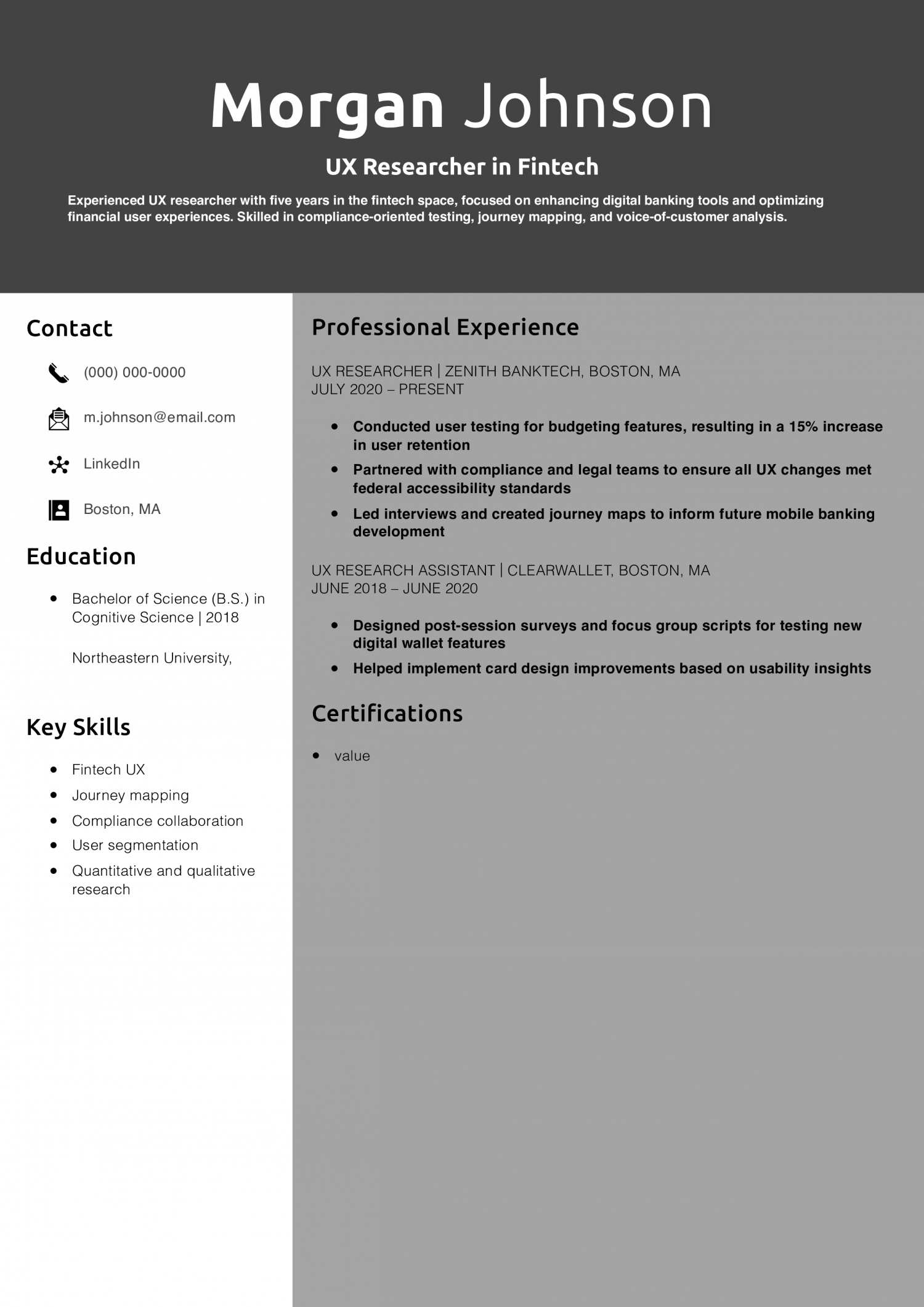 UX Researcher in Fintech Resume Example