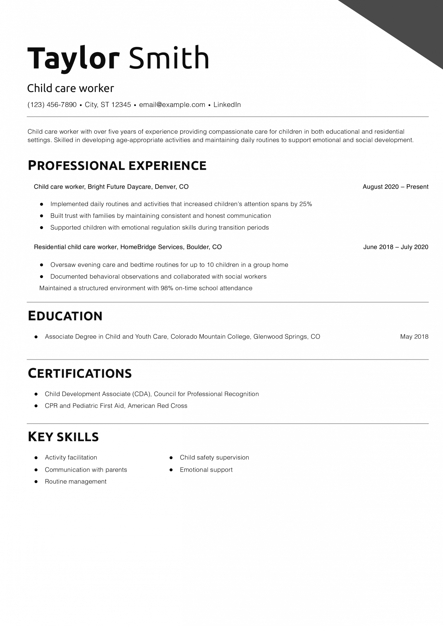 Child care worker resume