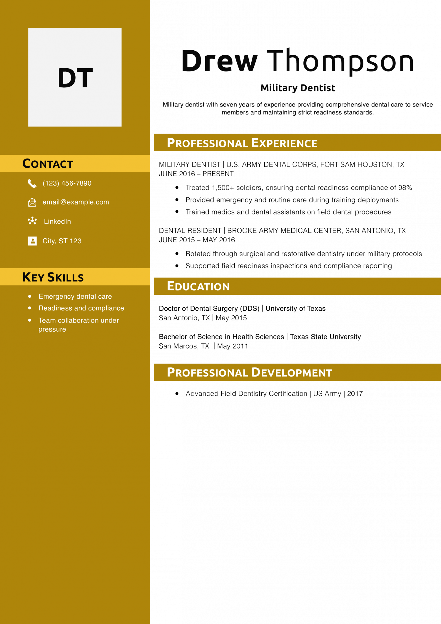 Military Dentist Resume Example