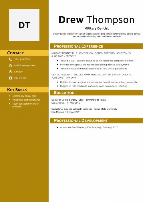 Military Dentist Resume Example
