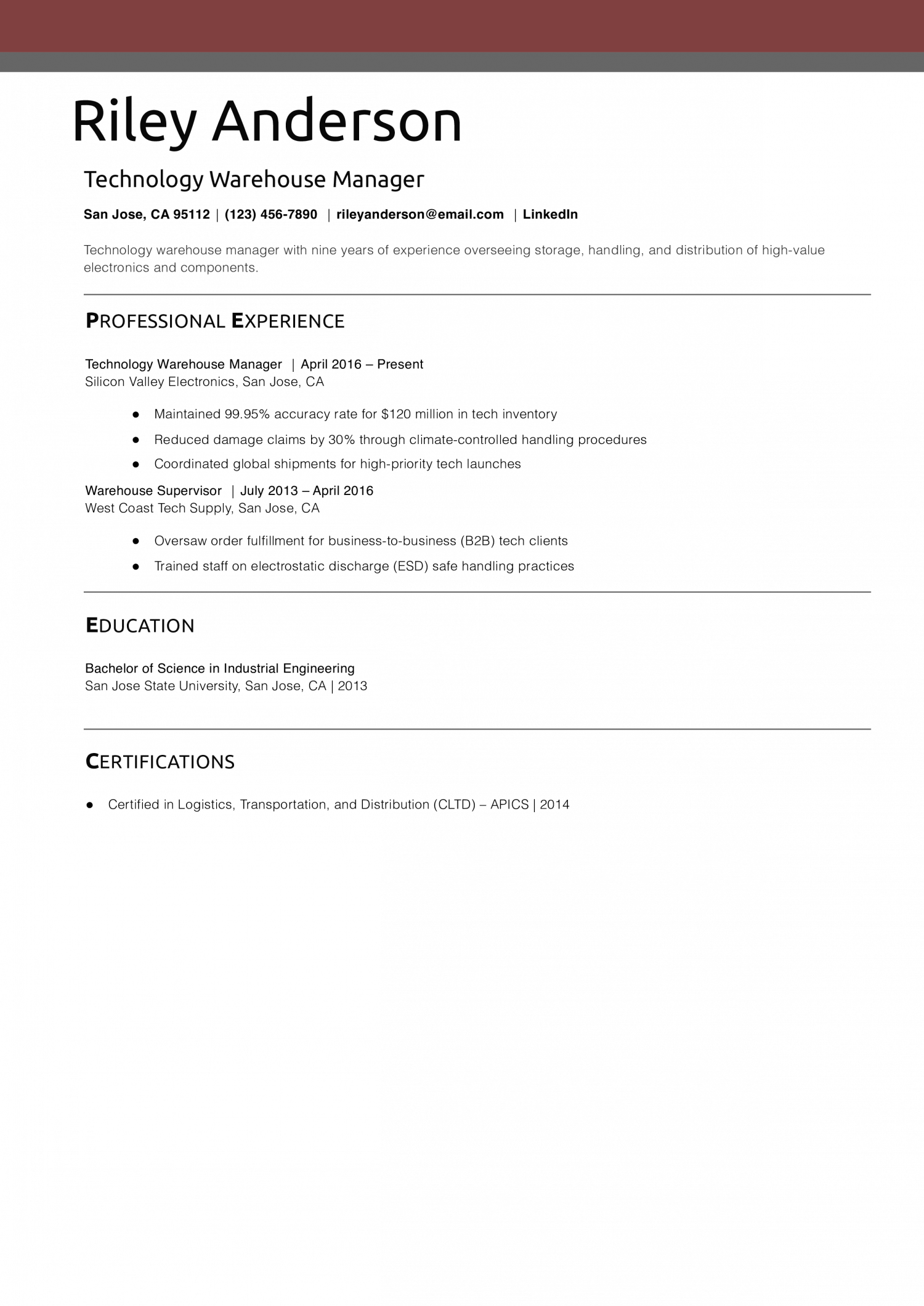 Technology Warehouse Manager Resume Example
